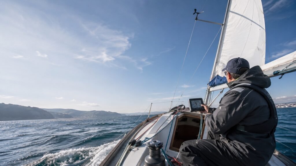 Patrón interpretando la dirección del viento antes de una maniobra a vela.