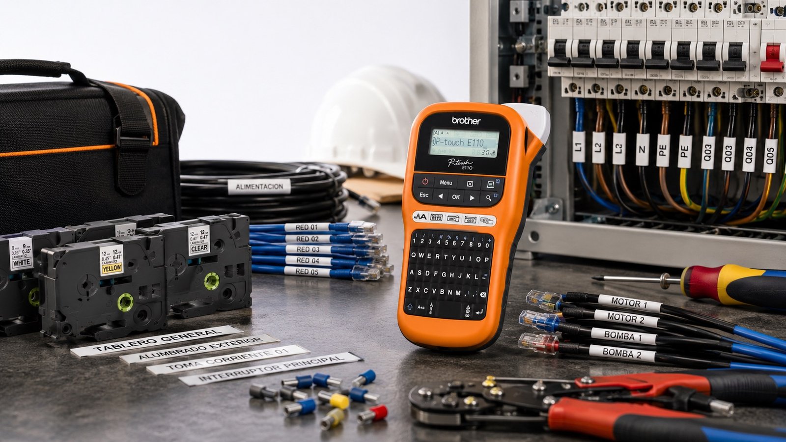 Rotuladora Brother PT-E110VP utilizada para identificar cables y tableros eléctricos.